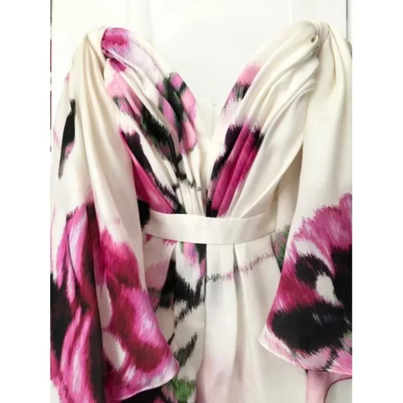 CAROLINA HERRERA Off The Shoulder Cape Effect Floral Print Silk Organza Dress
